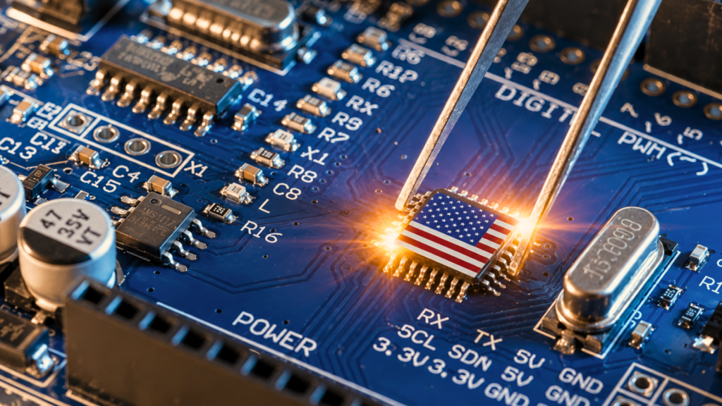 Tweezers placing a microchip with a U.S. flag on a blue circuit board.