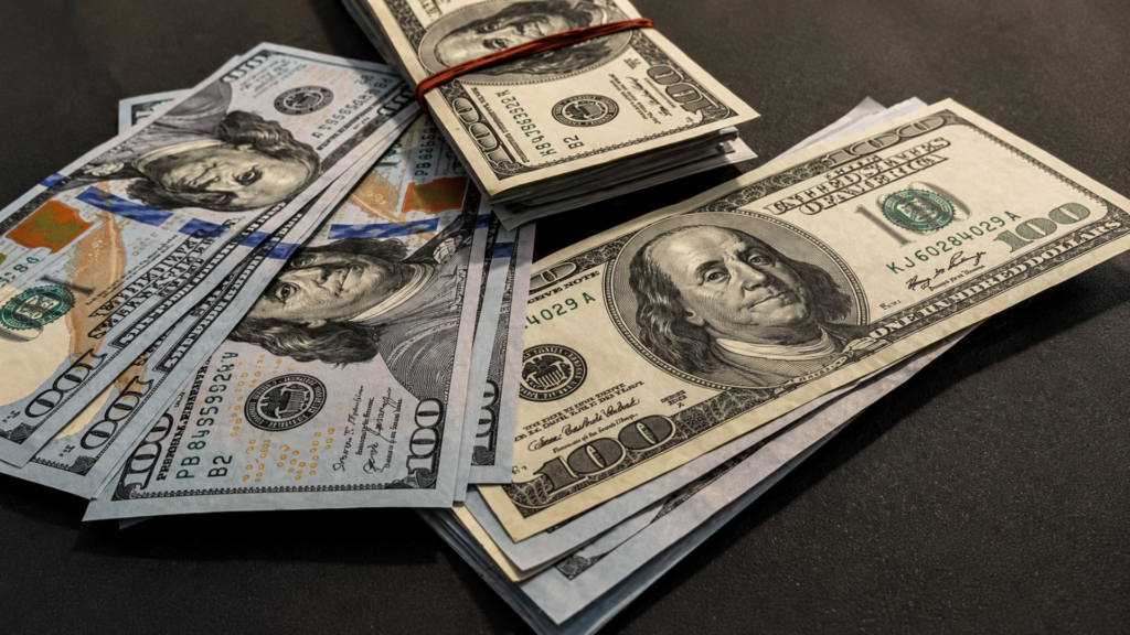 Stacks of U.S. $100 bills spread across a dark surface.