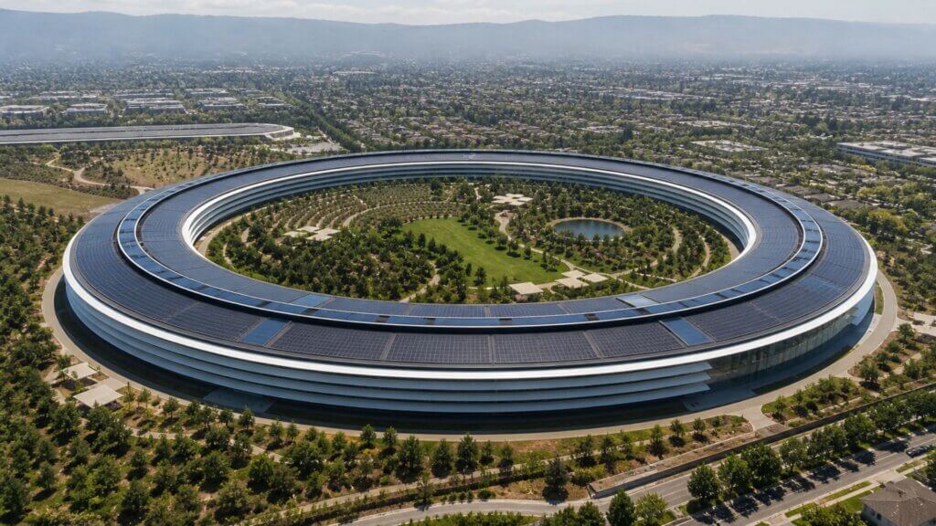 Aerial view of Apple Park’s circular headquarters surrounded by trees and suburban landscape, illustrating one of the companies often included in discussions about the silicon six tax issue.