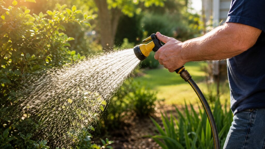 Person watering green garden shrubs with a yellow hose nozzle during sunny weather. Water sprays across the plants in a residential backyard surrounded by trees and landscaping.