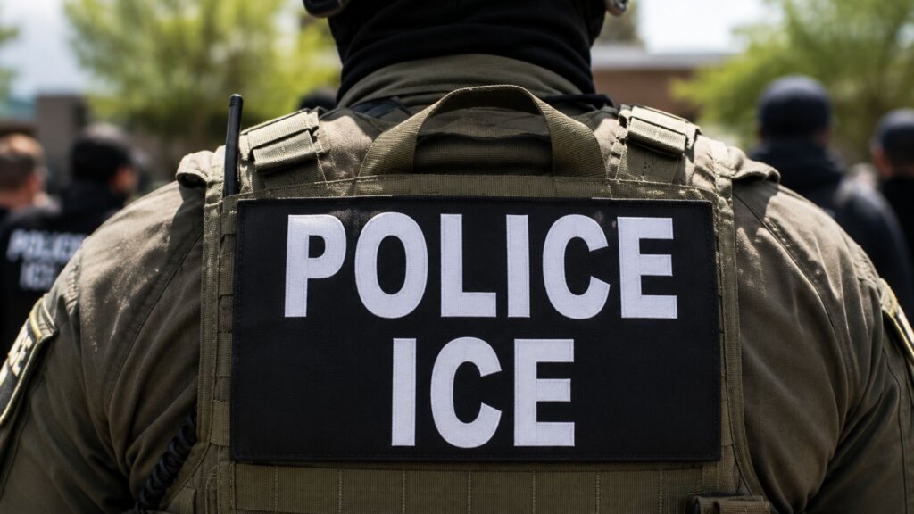 Close up of the back of a tactical police officer wearing body armor with a large patch labeled “POLICE ICE.”