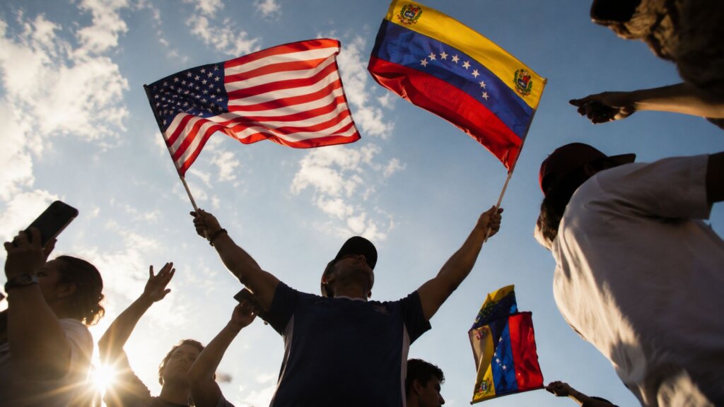Crowd of people waving American and Venezuelan flags outdoors during a rally or public gathering.