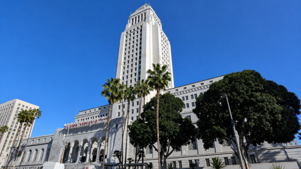 A wide daytime shot of the historic Los Angeles City Hall building; the iconic white tower stands prominently against a clear blue sky, flanked by palm trees and lush green foliage in the foreground.