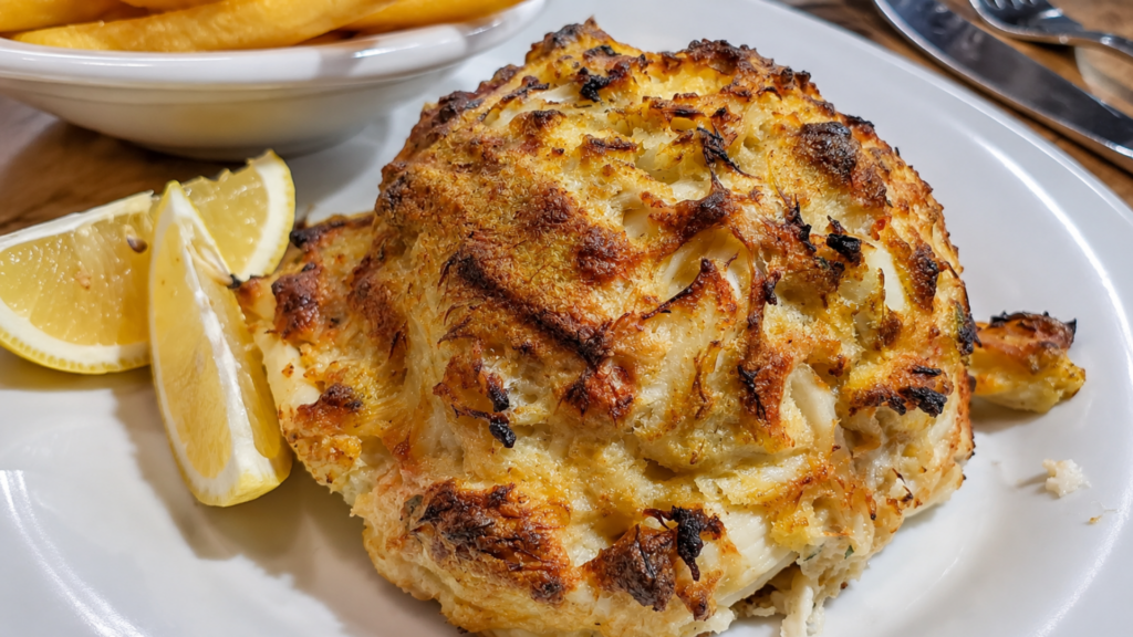 A mouthwatering, close-up food shot of a single, colossal Maryland-style lump crab cake broiled to a perfect golden-brown with a crispy exterior.