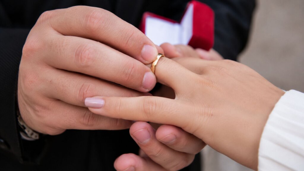 Close up of a person placing a gold wedding ring onto another person’s finger during a marriage ceremony.