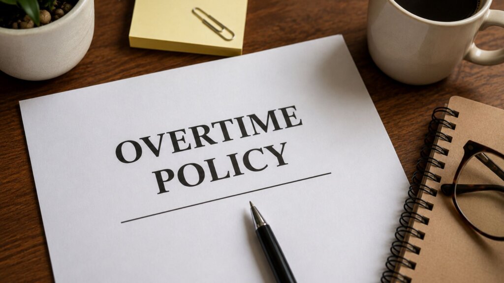 Document titled “OVERTIME POLICY” on a wooden desk beside a coffee mug, notebook, glasses, sticky notes, and pen.