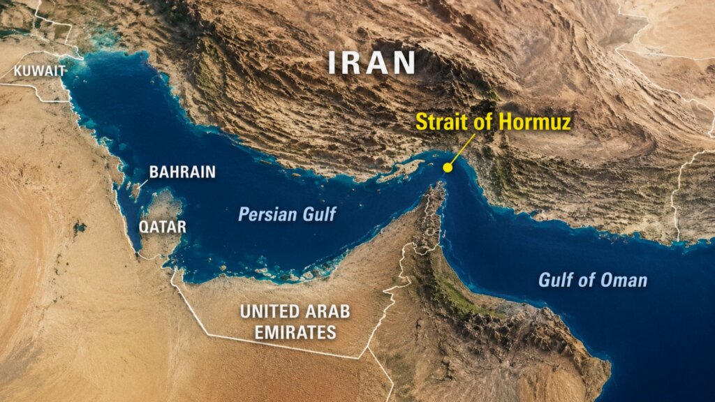 Map of the Persian Gulf and Gulf of Oman labeled with Iran, Kuwait, Bahrain, Qatar, and the United Arab Emirates. A yellow marker identifies the “Strait of Hormuz,” a critical global oil shipping route linked to higher gas prices during Middle East tensions.