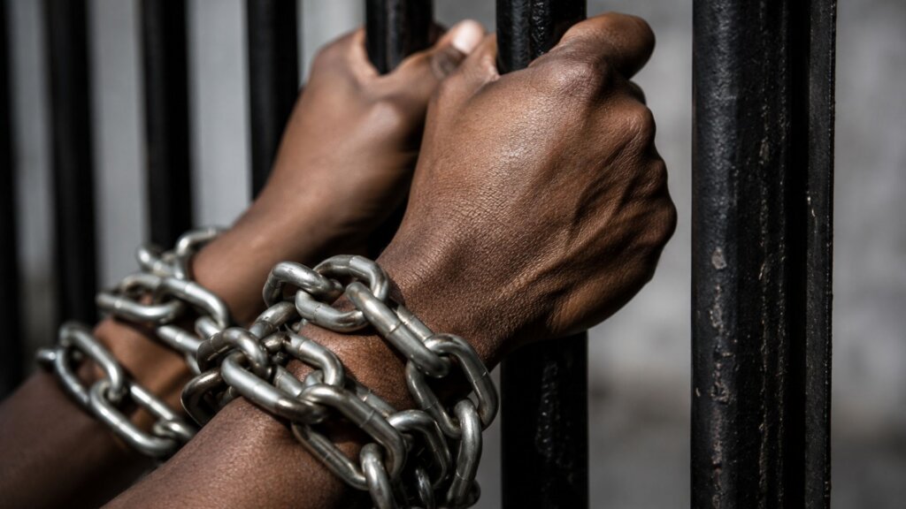 Close up of a Black person’s hands gripping prison bars while heavy metal chains wrap around their wrists.