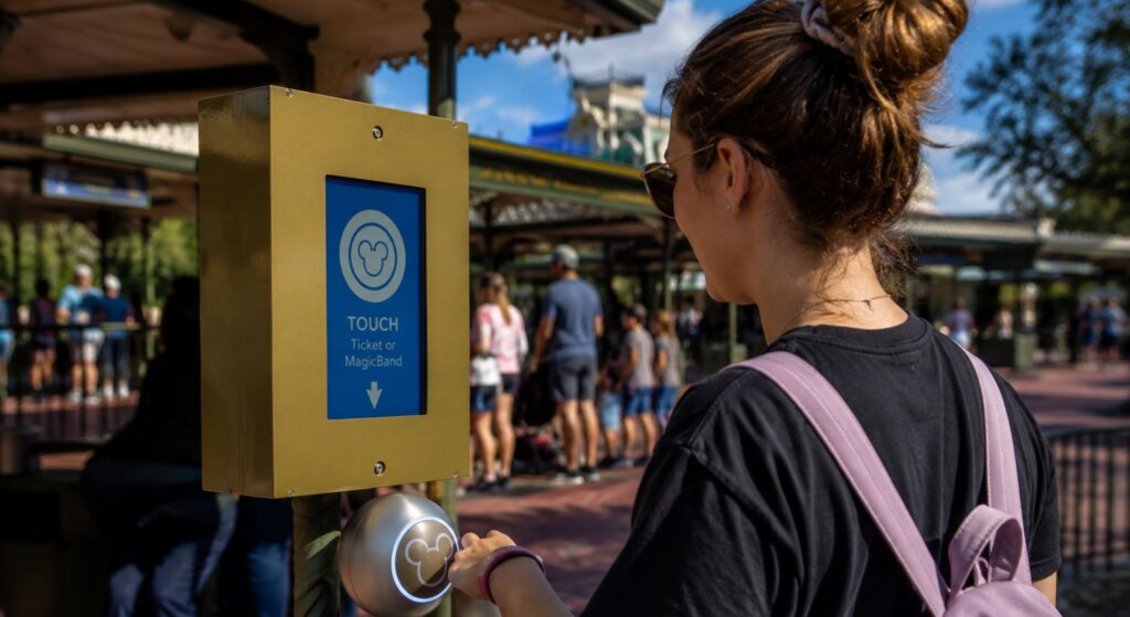 Woman wearing sunglasses and a pink backpack taps a MagicBand at a Disney entrance scanner marked “TOUCH Ticket or MagicBand.”