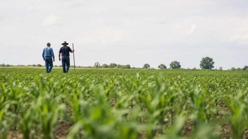 Two farmers walk through rows of young green crops in a wide Iowa farm field under an overcast sky. One carries a long stick as they inspect the crop.