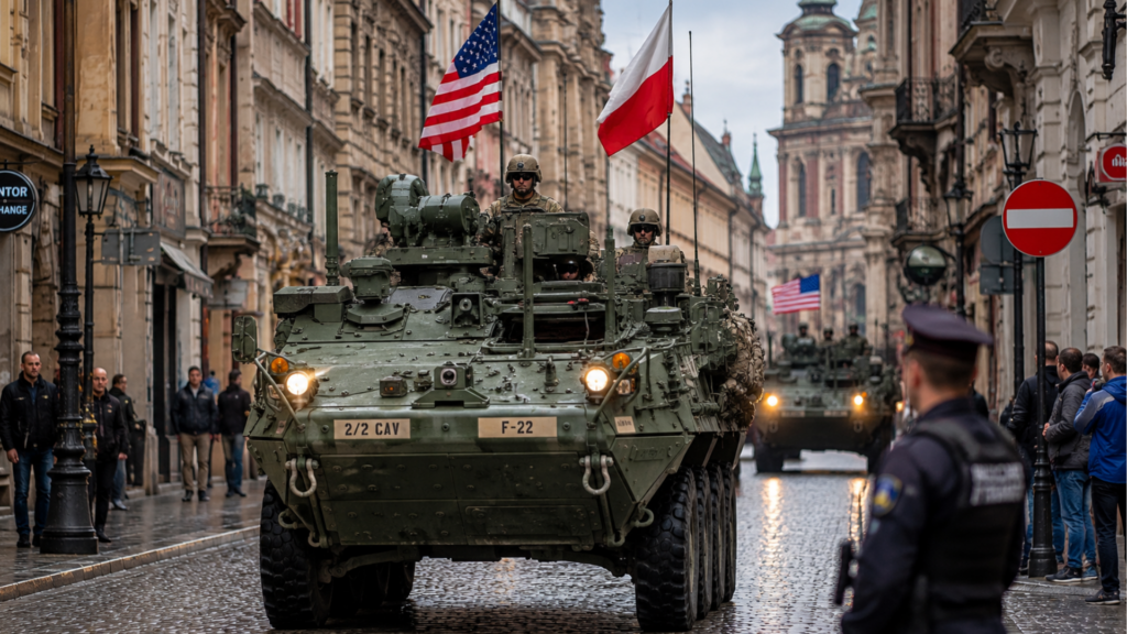 A large green military armored vehicle flying both American and Polish flags drives down a historic, cobblestone city street lined with buildings.