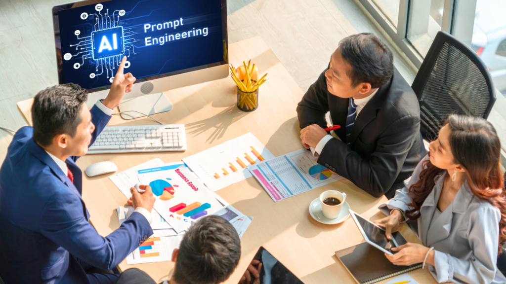An overhead view of four business professionals sitting around a conference table, looking at a large computer monitor displaying "AI Prompt Engineering."