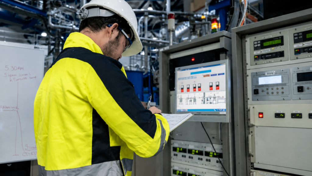 Worker in a hard hat writing notes beside industrial control panels.