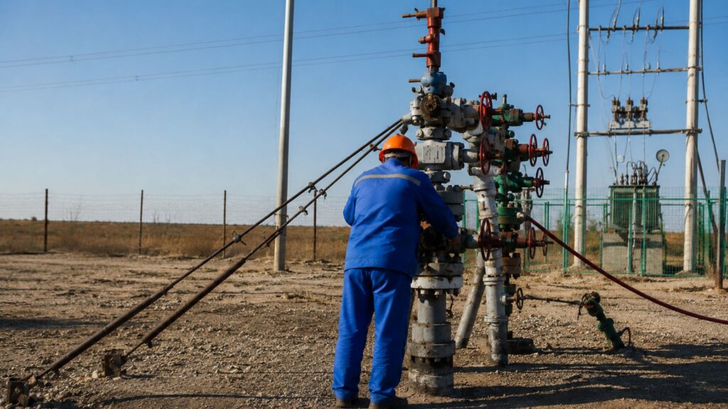 Oil worker in blue protective clothing operating industrial valves at an oil facility.