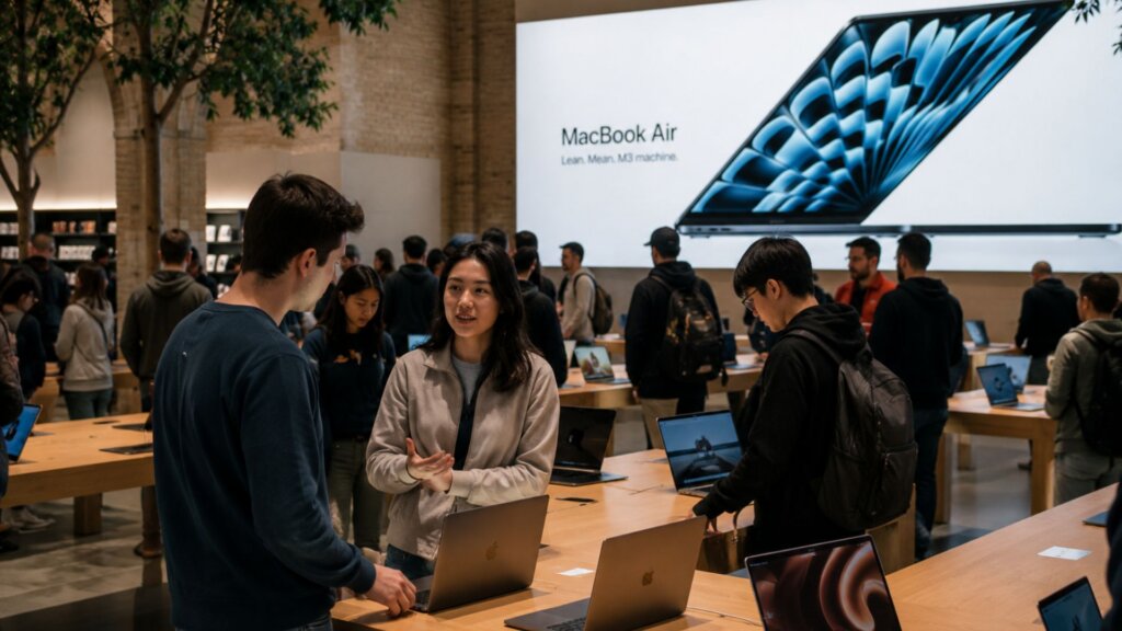 Shoppers browse laptops inside an Apple Store.