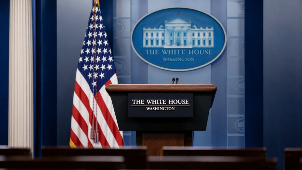 Empty White House press briefing room podium with an American flag standing beside it. The podium and wall behind it both display the text “THE WHITE HOUSE WASHINGTON.”