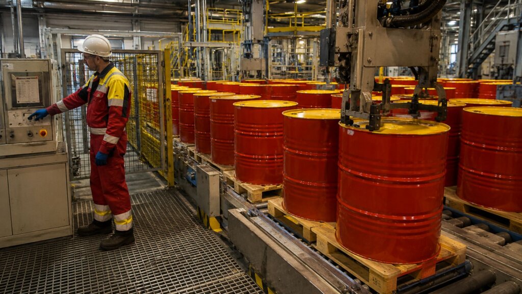 Factory worker in a hard hat operates machinery beside rows of red oil barrels moving through an industrial refinery.