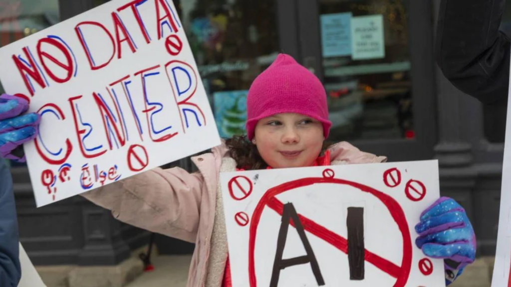 A young girl in a pink winter hat smiling while holding up two handwritten protest signs that read "NO DATA CENTER" and feature a crossed-out "AI" symbol.