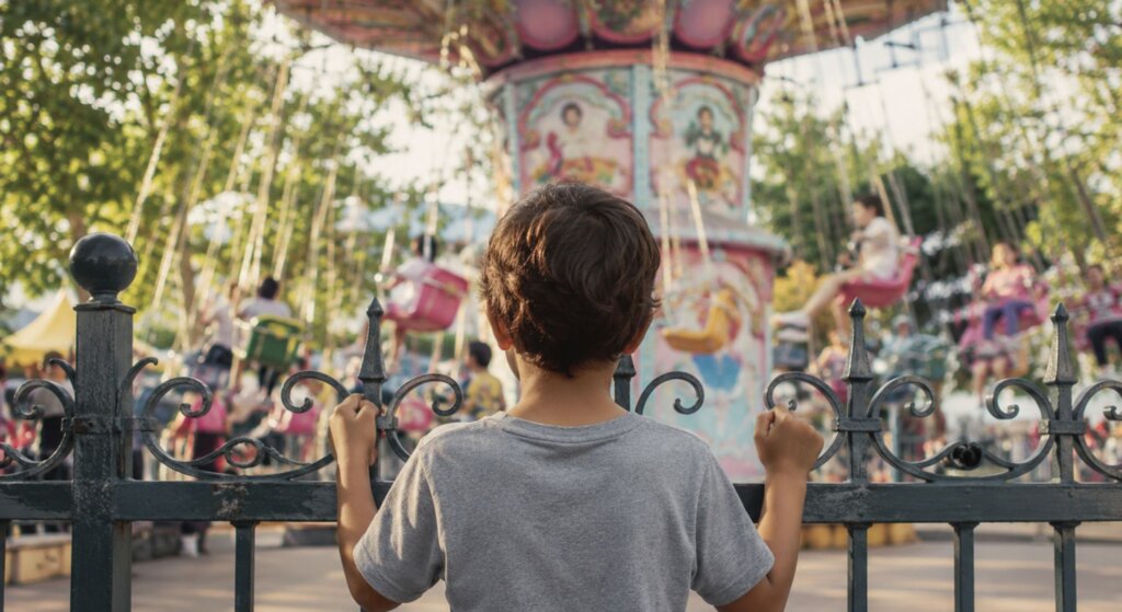 Young child holds onto a black iron fence while watching a colorful swing carousel ride at Disneyland. The scene contrasts the family friendly theme park atmosphere with concerns surrounding Disney facial recognition technology and guest privacy.