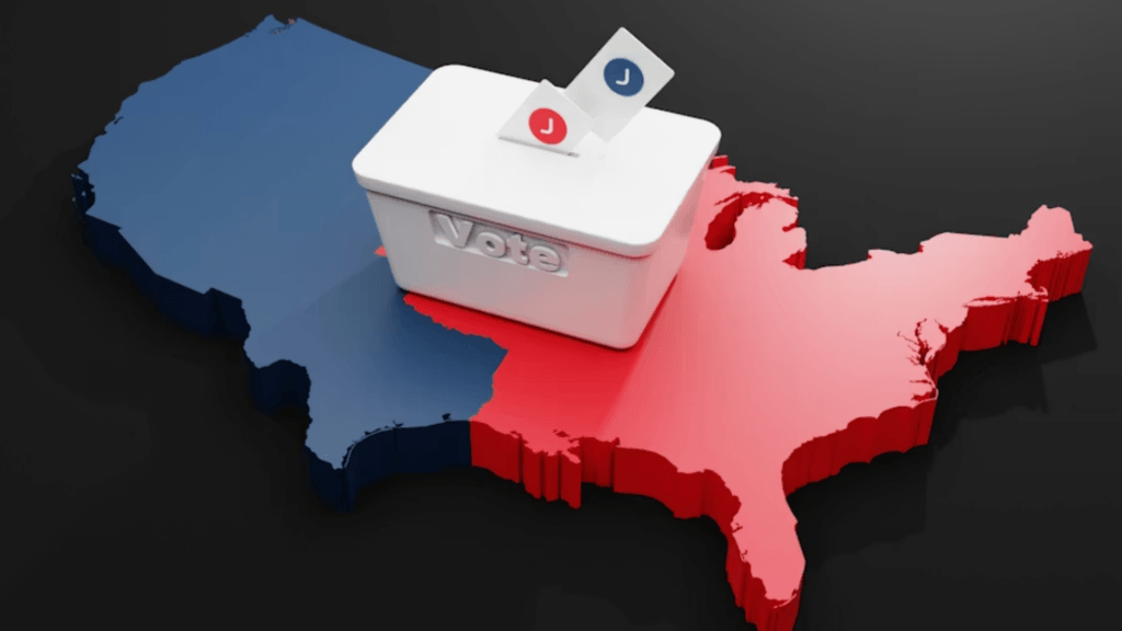 A 3D digital graphic of a white ballot box labeled "Vote" sitting on top of a map of the United States.
