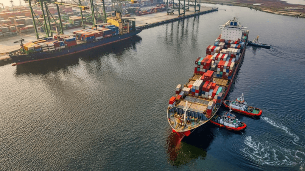 A high-angle aerial view of a massive cargo container ship being guided through a port waterway by two small tugboats.