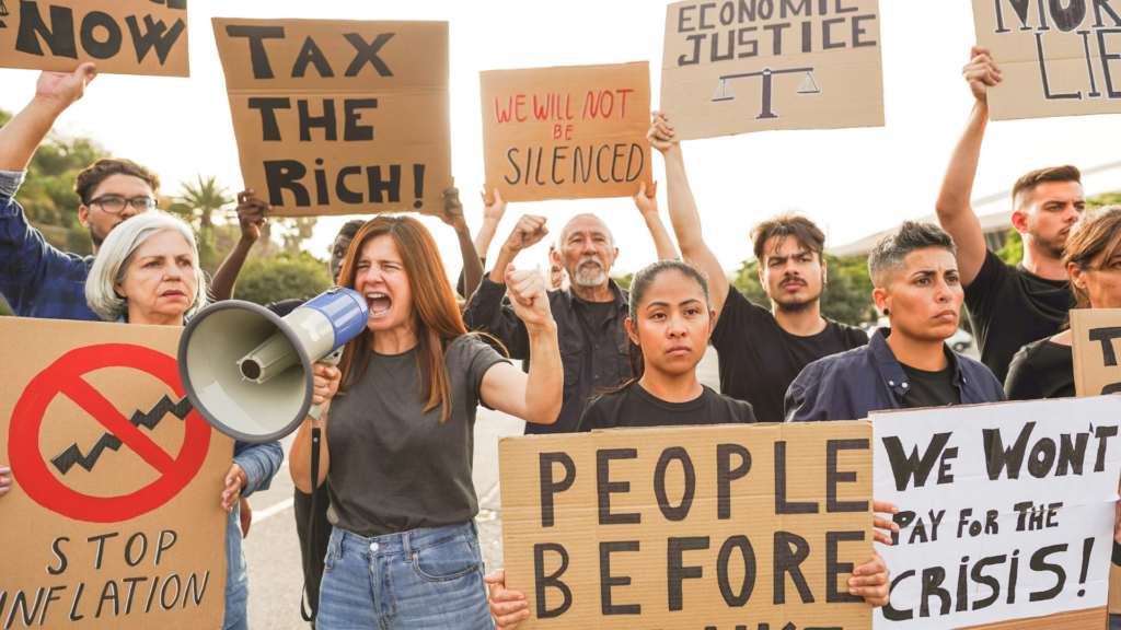 A diverse crowd of protesters holding signs about inflation and economic justice while a woman yells into a megaphone.