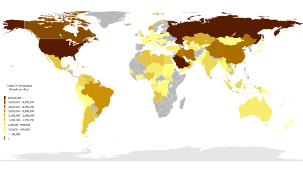 A color-coded world map displaying crude oil production levels by country in barrels per day.