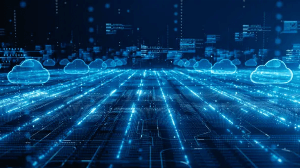 Digital illustration of cloud computing network with data streams and glowing cloud icons.