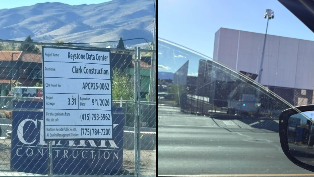 Construction sign for Keystone Data Center posted near a fenced site.