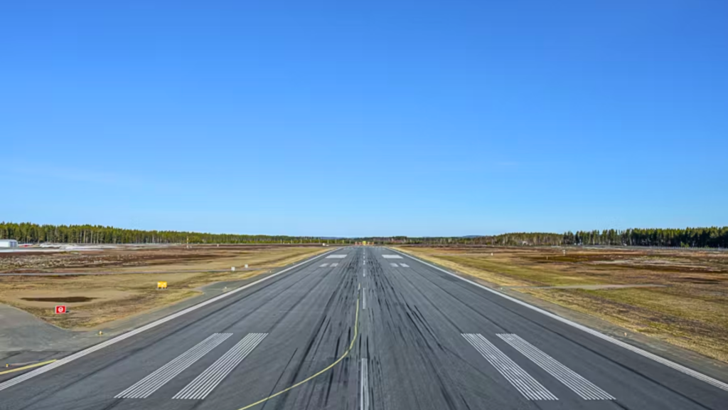 Empty airport runway stretching into the distance under a clear blue sky.