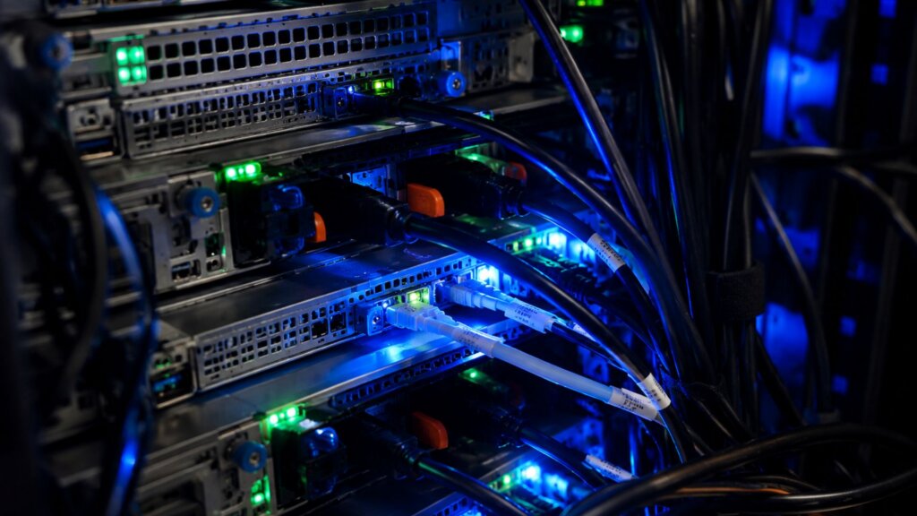 Close up of server racks connected with black and white network cables glowing with blue and green indicator lights. The image shows data center hardware and active internet infrastructure.