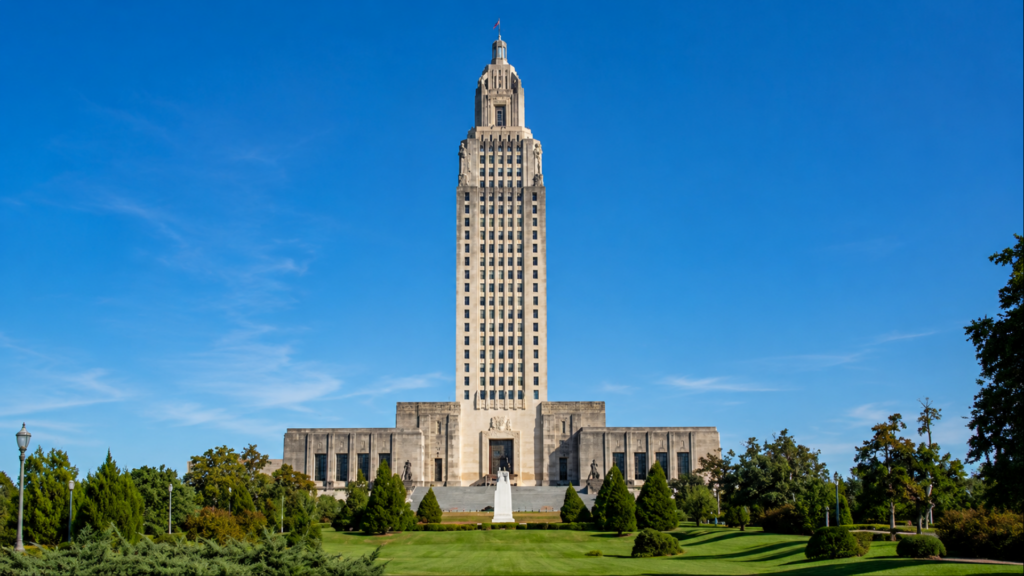 A wide daytime shot of the Louisiana State Capitol in Baton Rouge; the towering Art Deco skyscraper rises under a clear blue sky, overlooking a vast, manicured green lawn with symmetrical landscaping and trees.