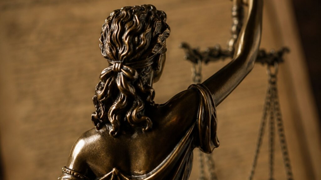 Close up of a bronze Lady Justice statue holding scales in a courtroom setting.