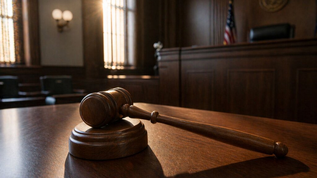 Wooden judge’s gavel resting on a desk inside a courtroom with sunlight shining through tall windows.
