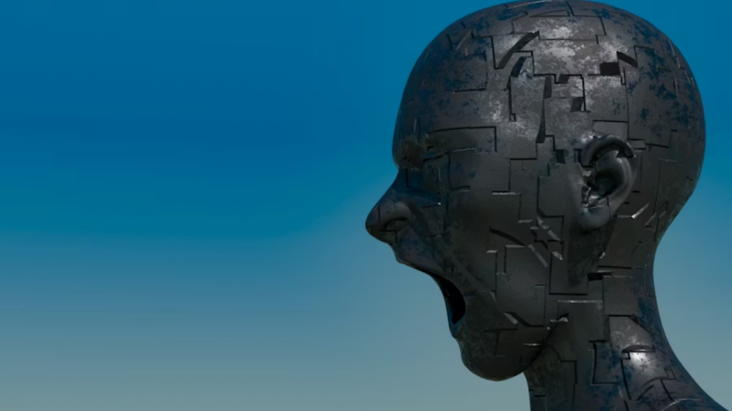A stark 3D profile rendering of a metallic, geometric human head with its mouth wide open in an intense, frozen scream; the fragmented, dark iron puzzle-piece surface stands contrasted against a clean, gradient blue sky background.