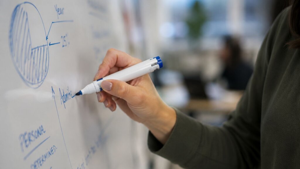 Close up of a teacher writing notes and drawing charts on a whiteboard during a financial planning or budget meeting.