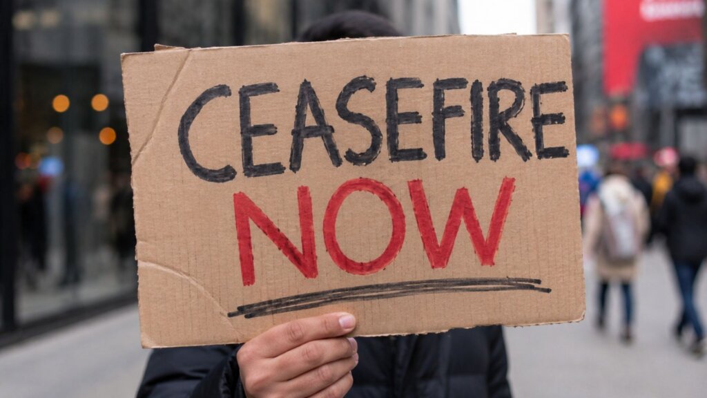 Person holding a cardboard protest sign reading “CEASEFIRE NOW” in large black and red letters on a city street.