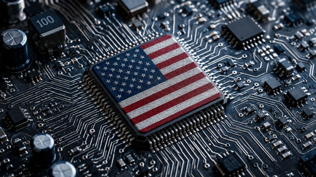 Computer chip with an American flag printed on its surface mounted on a detailed circuit board with glowing metallic pathways.