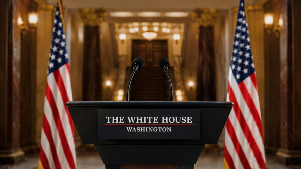 Black podium with microphones inside a government building flanked by two American flags. The podium sign reads “THE WHITE HOUSE WASHINGTON” in white text.