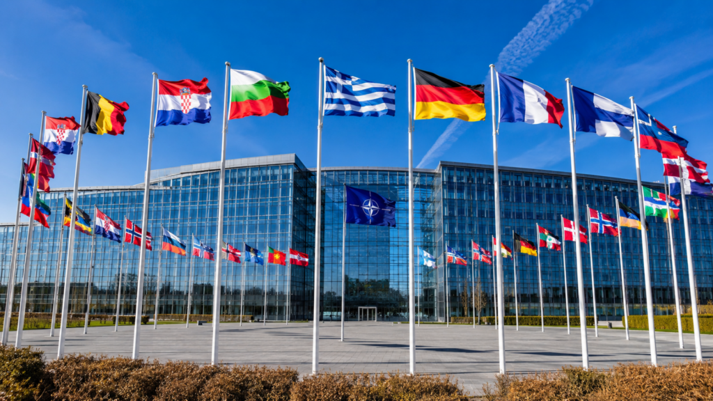 A wide shot of the modern, glass-fronted NATO headquarters building in Brussels, framed by a large circular display of national flags flying on tall poles under a clear blue sky.