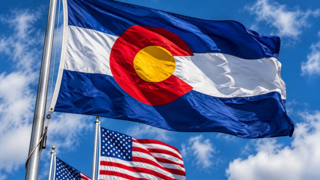 Colorado state flag waving on a flagpole against a bright blue sky with American flags visible in the background.