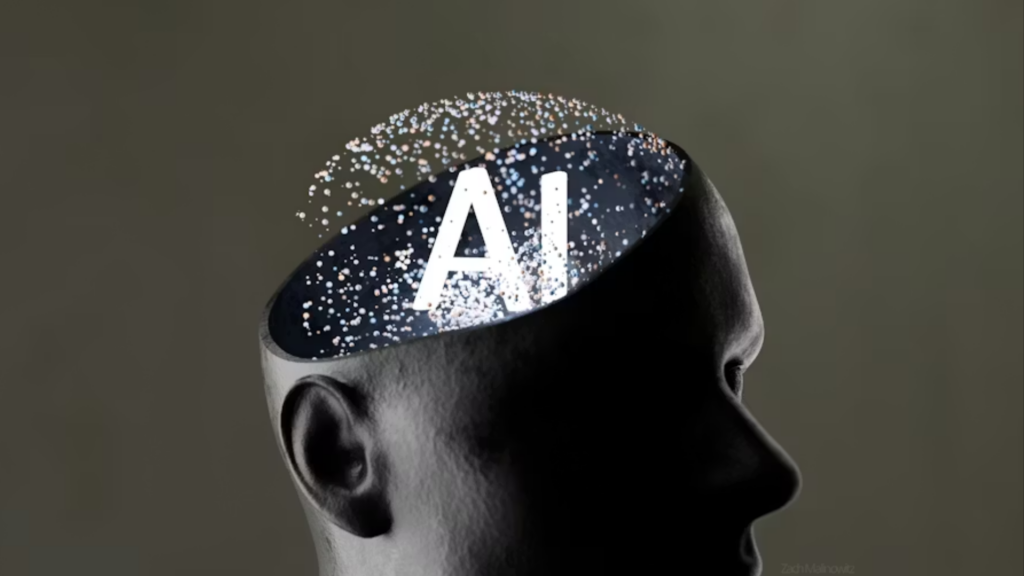 A conceptual 3D rendering of a human head silhouette in profile, with the top of the skull open to reveal a glowing constellation of colorful particles surrounding the bold white letters "AI," illustrating the integration of artificial intelligence and cognitive processing.