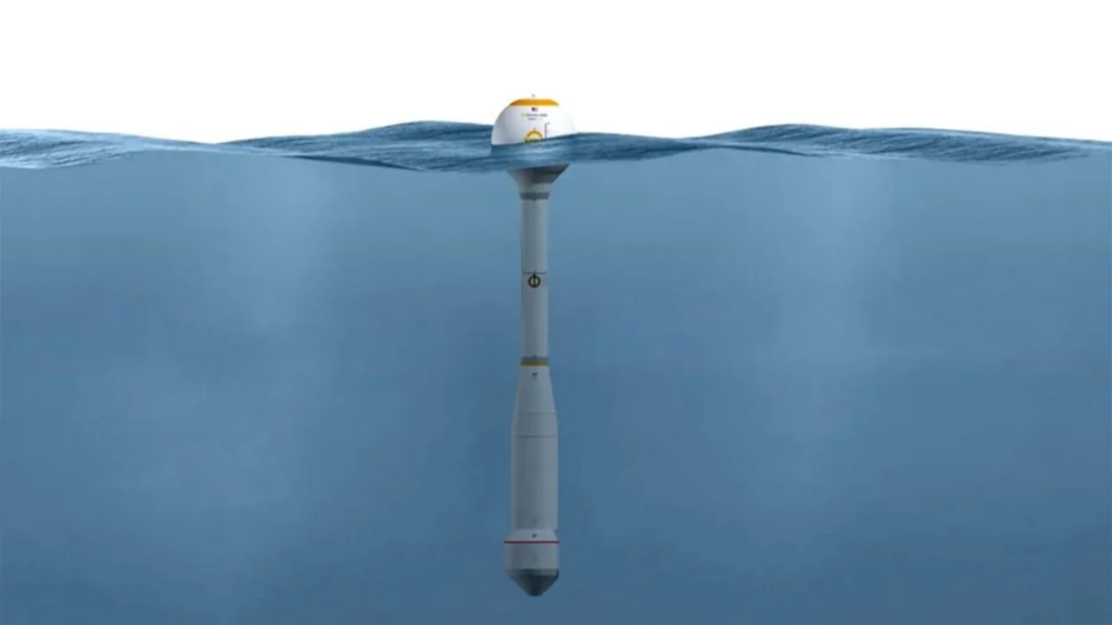 Illustration of underwater deep-sea mining device suspended beneath ocean surface.