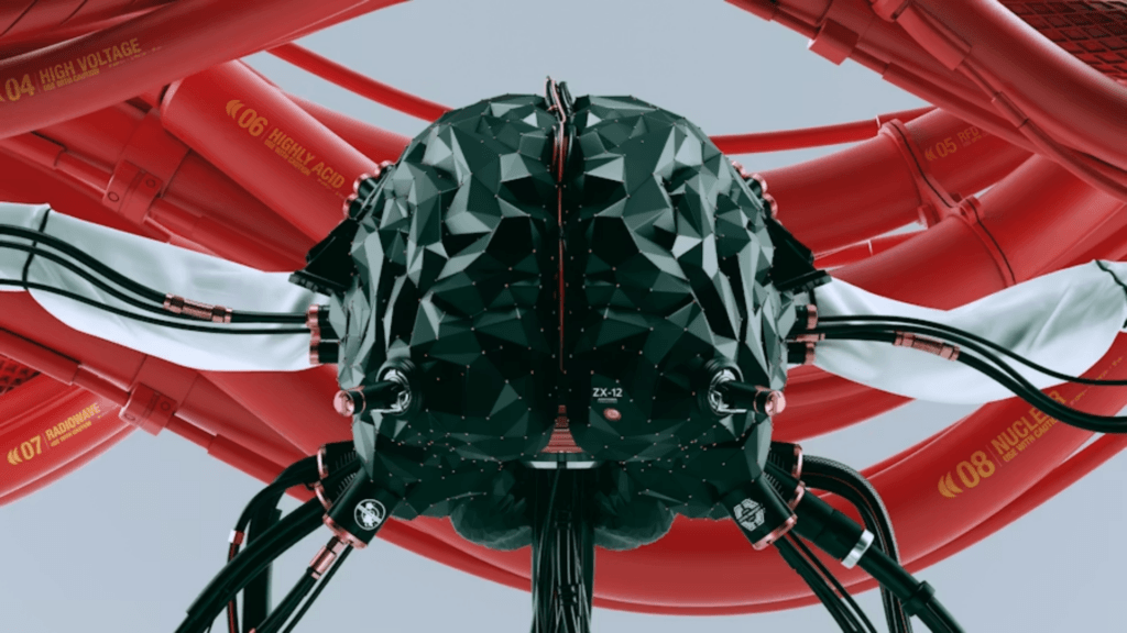 Futuristic mechanical brain with cables connected to red industrial pipes in a technology concept scene.