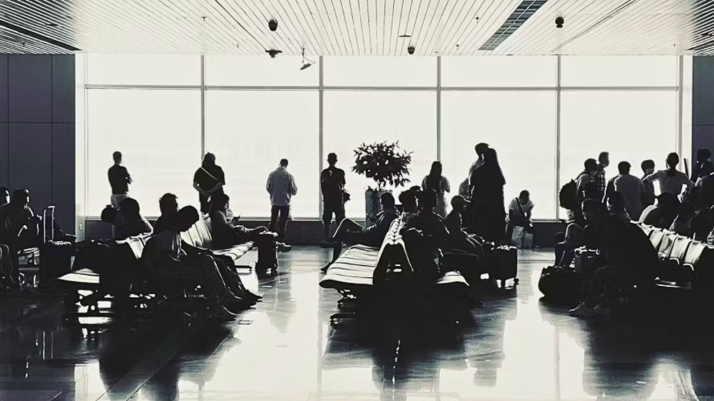 Travelers waiting with luggage inside an airport terminal seating area.