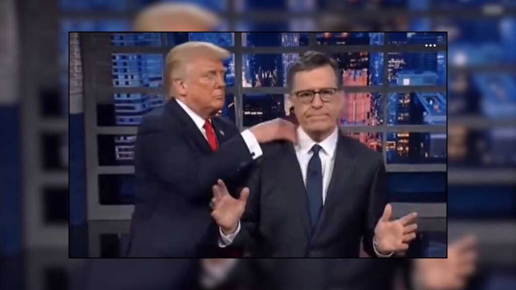 AI-generated image shows Donald Trump grabbing Stephen Colbert on a mock late-night set before tossing him toward a dumpster.