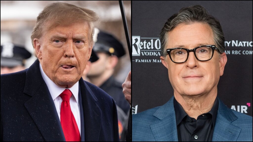 Trump Takes Aim at Colbert’s Final Show With Bizarre AI-Generated Video Split-screen image shows Donald Trump and Stephen Colbert.