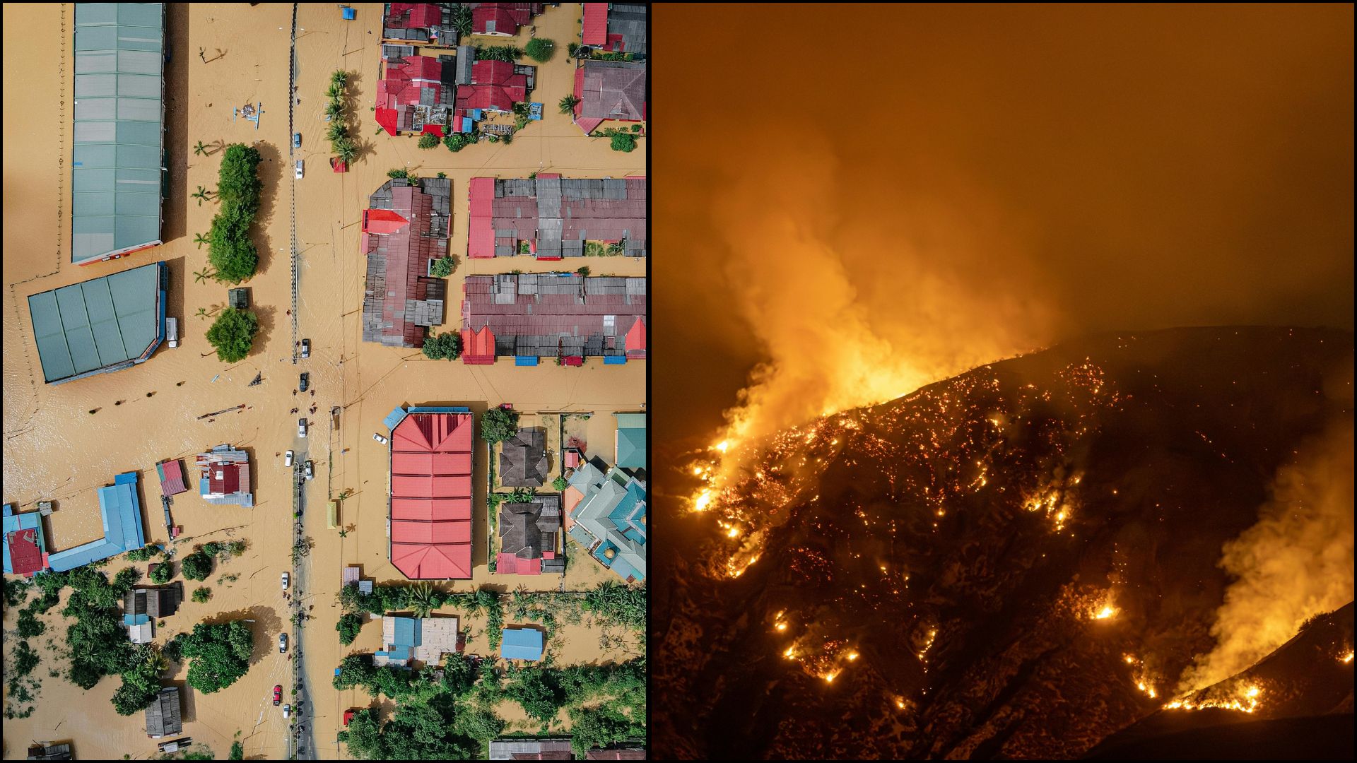 Aerial split image showing severe flooding in a city and a wildfire burning across a hillside.