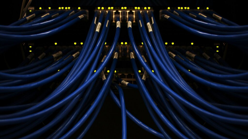 A close-up view of countless blue cables connected inside a data center, creating a dense network of wiring and digital infrastructure.