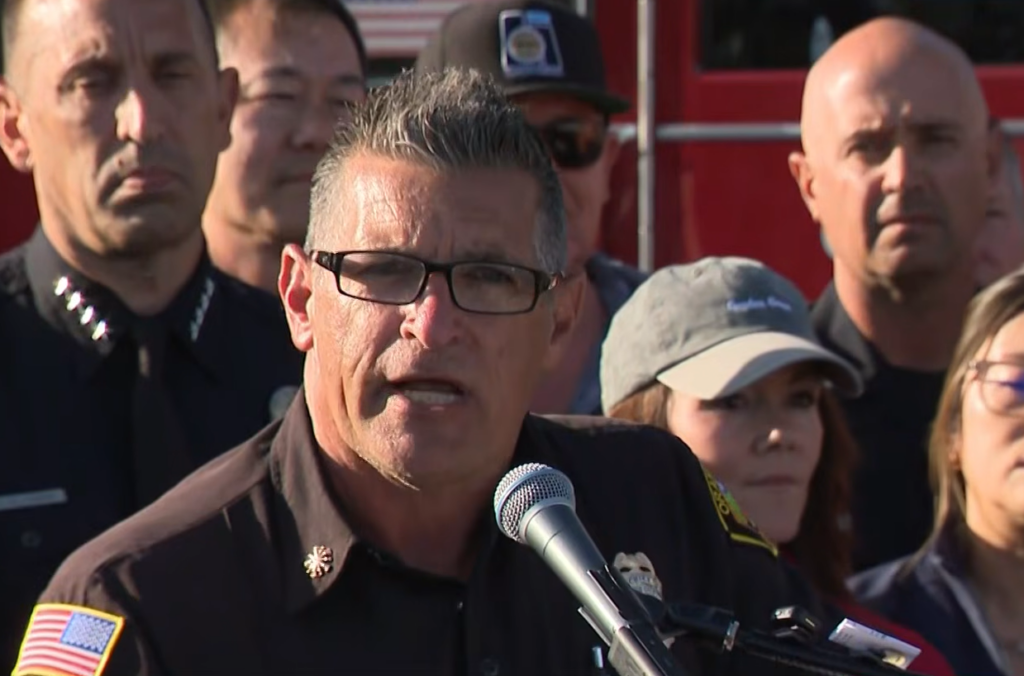 OC Interim Fire Chief TJ McGovern speaking at a press conference about the Garden Grove chemical tank emergency.